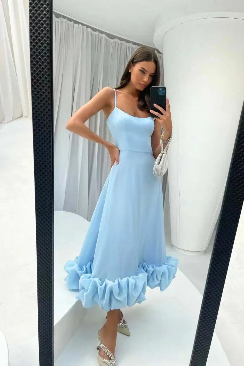 Midi Dress | Ruffles Thin Straps | Cocktail Wedding Guest-Fashion Nora