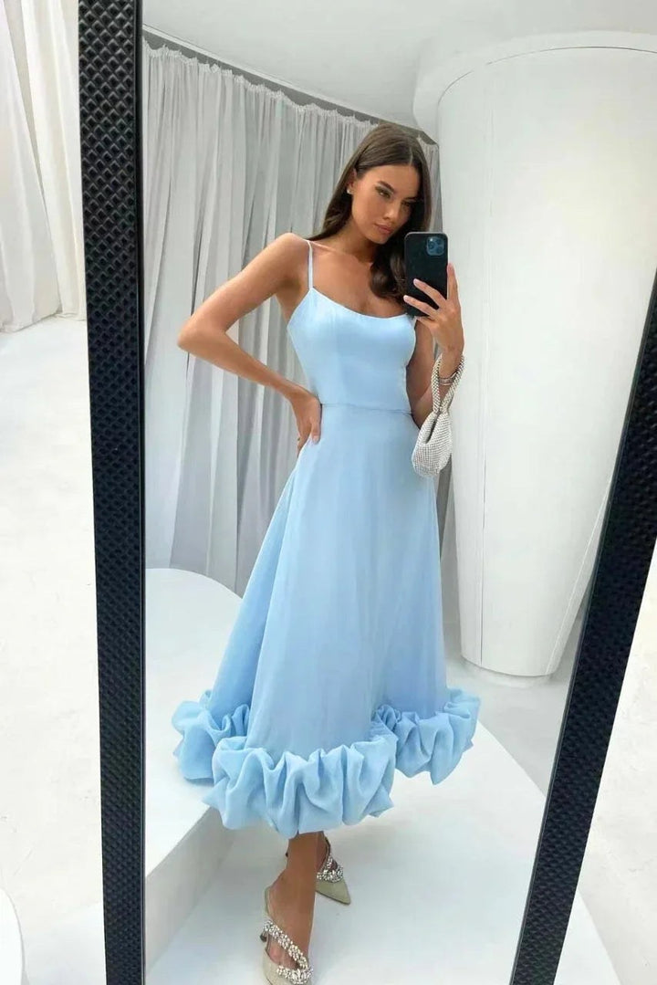 Midi Dress | Ruffles Thin Straps | Cocktail Wedding Guest-Fashion Nora