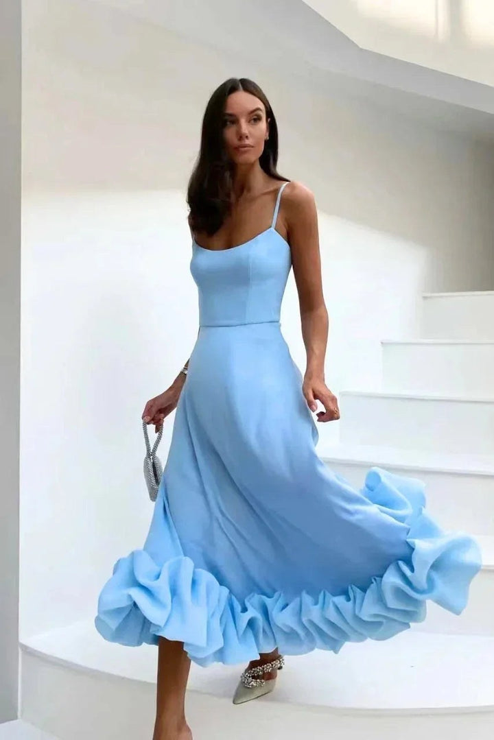 Midi Dress | Ruffles Thin Straps | Cocktail Wedding Guest-Fashion Nora