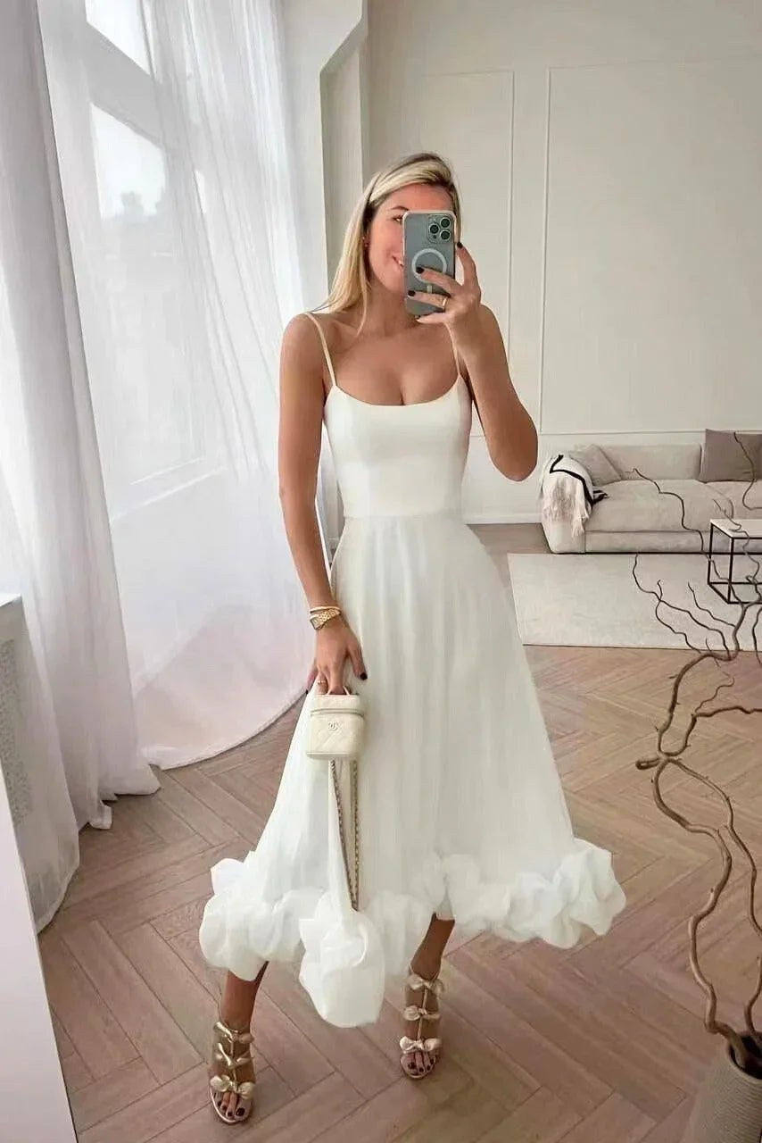 Midi Dress | Ruffles Thin Straps | Cocktail Wedding Guest-Fashion Nora