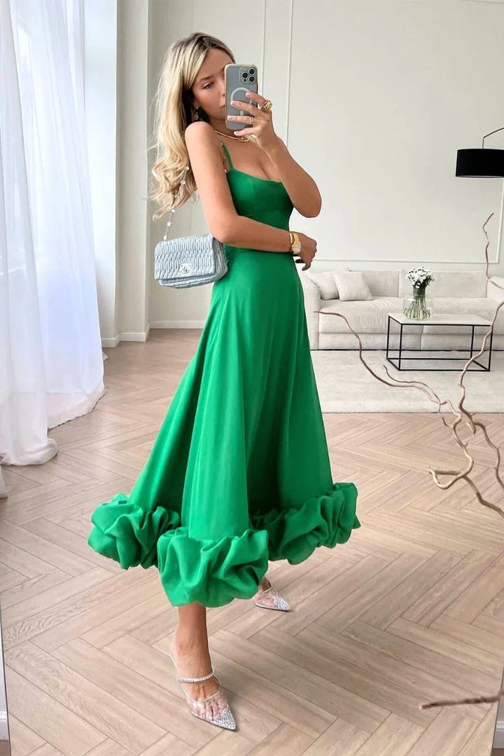 Midi Dress | Ruffles Thin Straps | Cocktail Wedding Guest-Fashion Nora