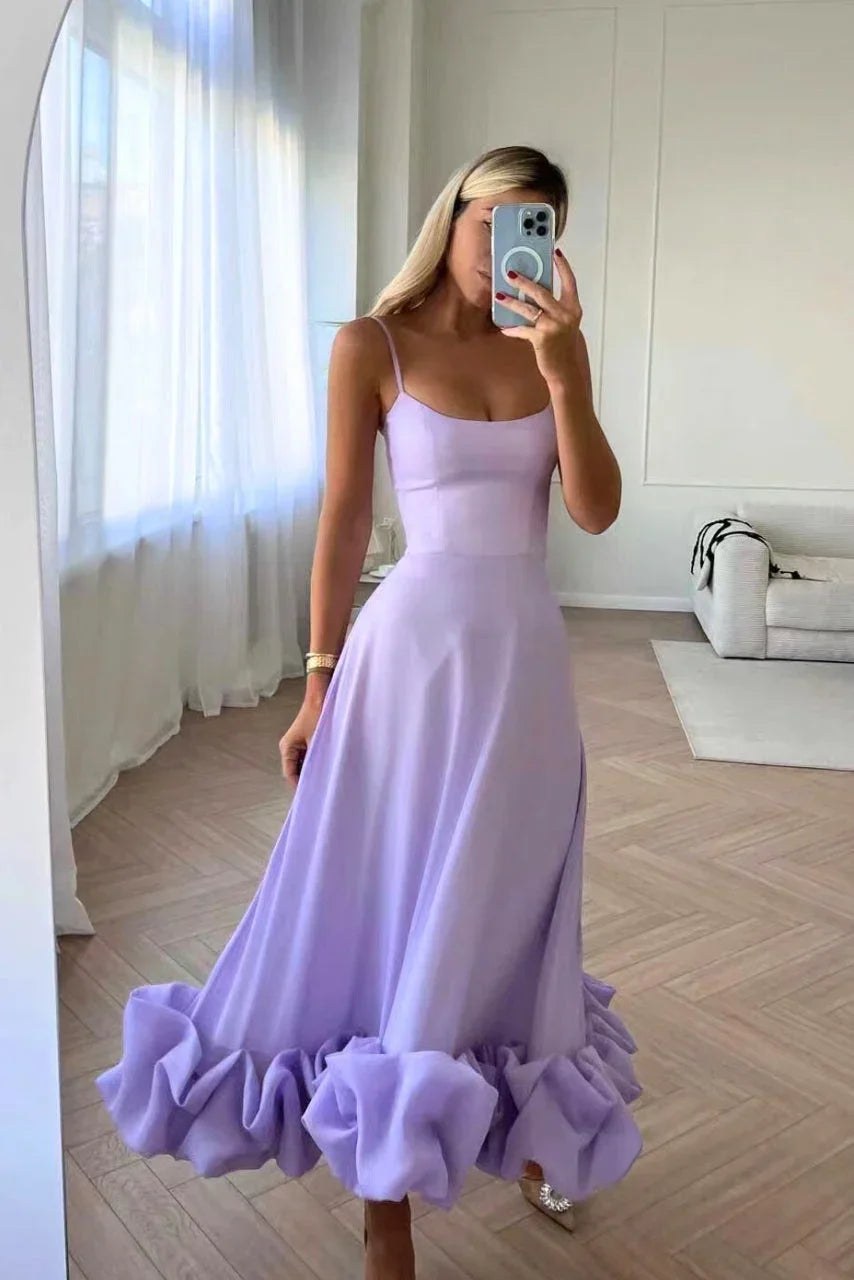 Midi Dress | Ruffles Thin Straps | Cocktail Wedding Guest-Fashion Nora