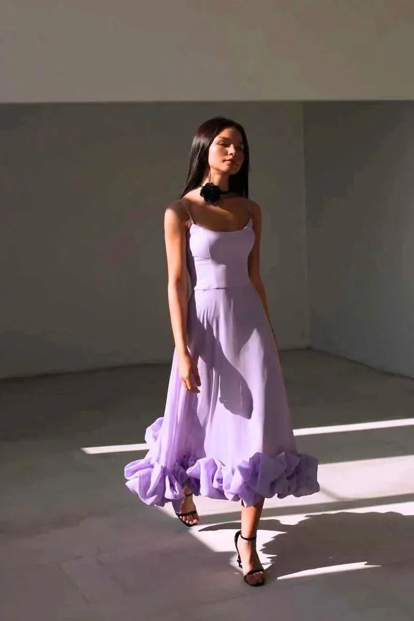 Midi Dress | Ruffles Thin Straps | Cocktail Wedding Guest-Fashion Nora