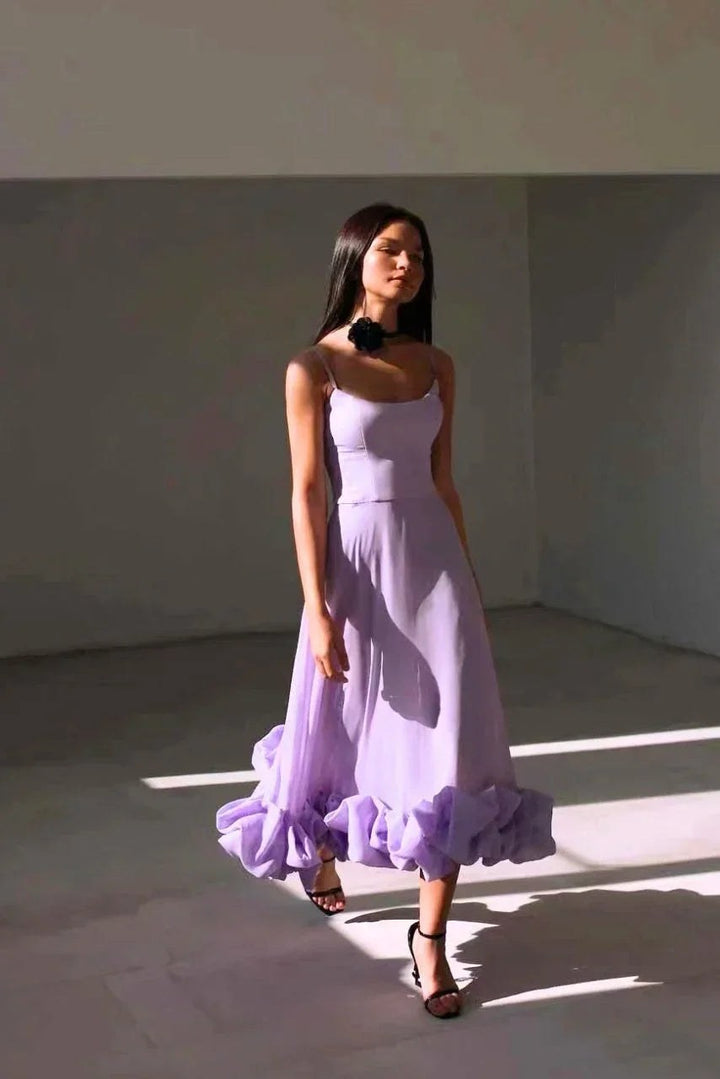 Midi Dress | Ruffles Thin Straps | Cocktail Wedding Guest-Fashion Nora