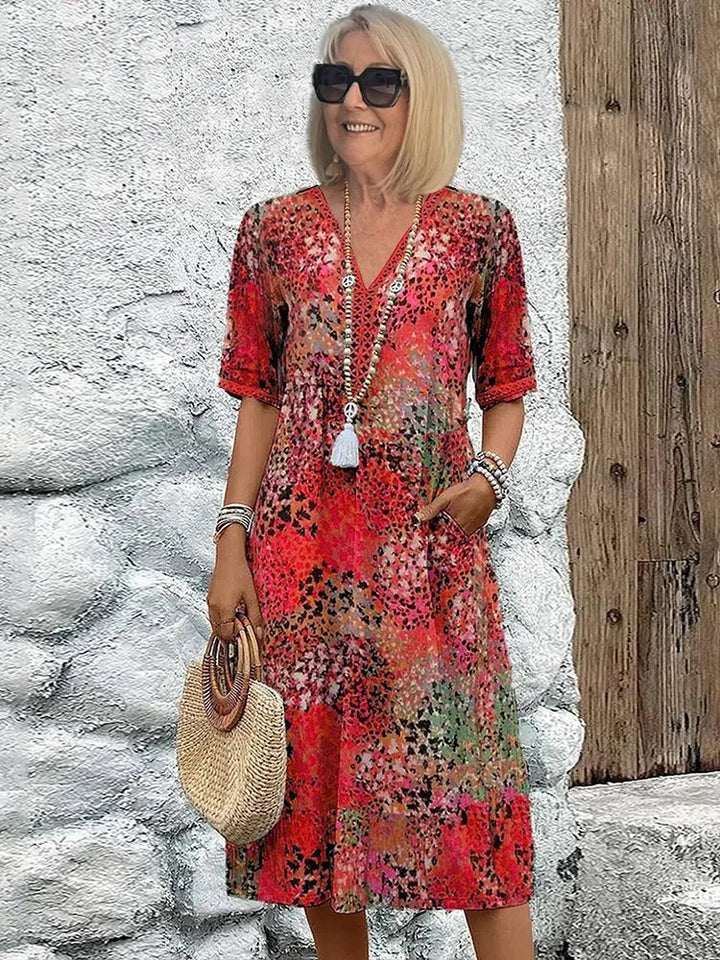 Plus Size Dress | Floral Midi | V Neck | Pockets-Fashion Nora