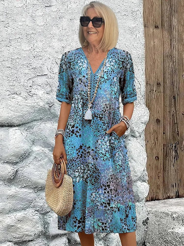 Plus Size Dress | Floral Midi | V Neck | Pockets-Fashion Nora