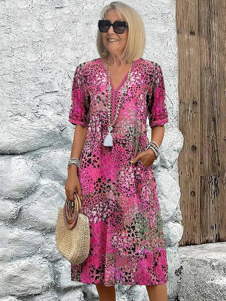Plus Size Dress | Floral Midi | V Neck | Pockets-Fashion Nora