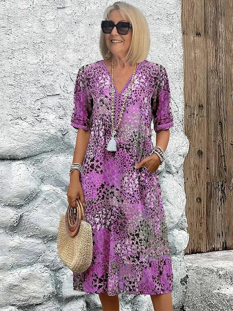 Plus Size Dress | Floral Midi | V Neck | Pockets-Fashion Nora