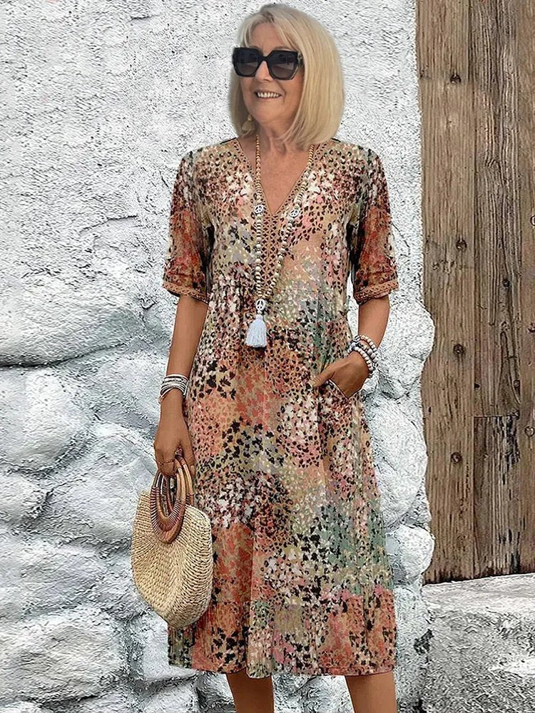 Plus Size Dress | Floral Midi | V Neck | Pockets-Fashion Nora