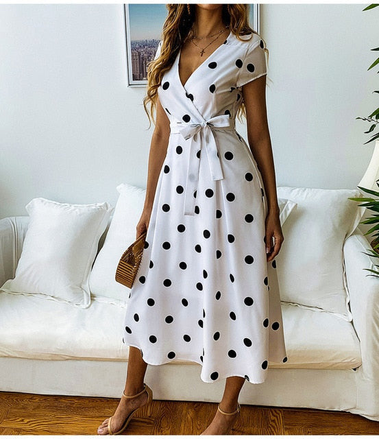 Polka Dot Dress | Wrap Midi | Short Sleeve | Tie Waist-Fashion Nora