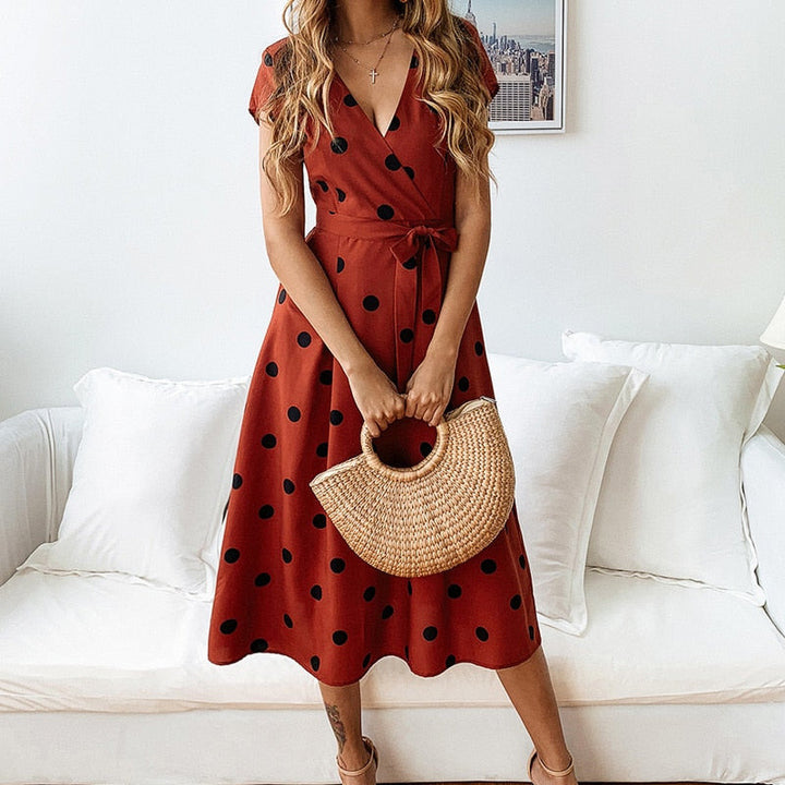 Polka Dot Dress | Wrap Midi | Short Sleeve | Tie Waist-Fashion Nora