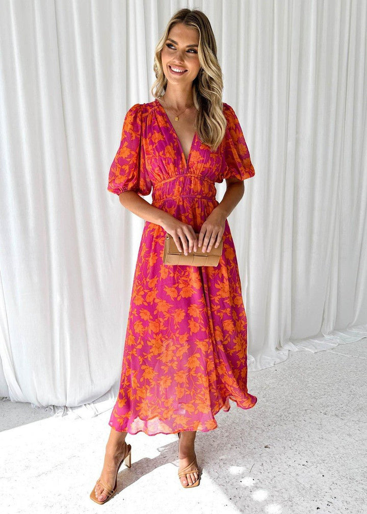 Puff Sleeve Dress | Floral Midi | V Neck | Tie Waist-Fashion Nora
