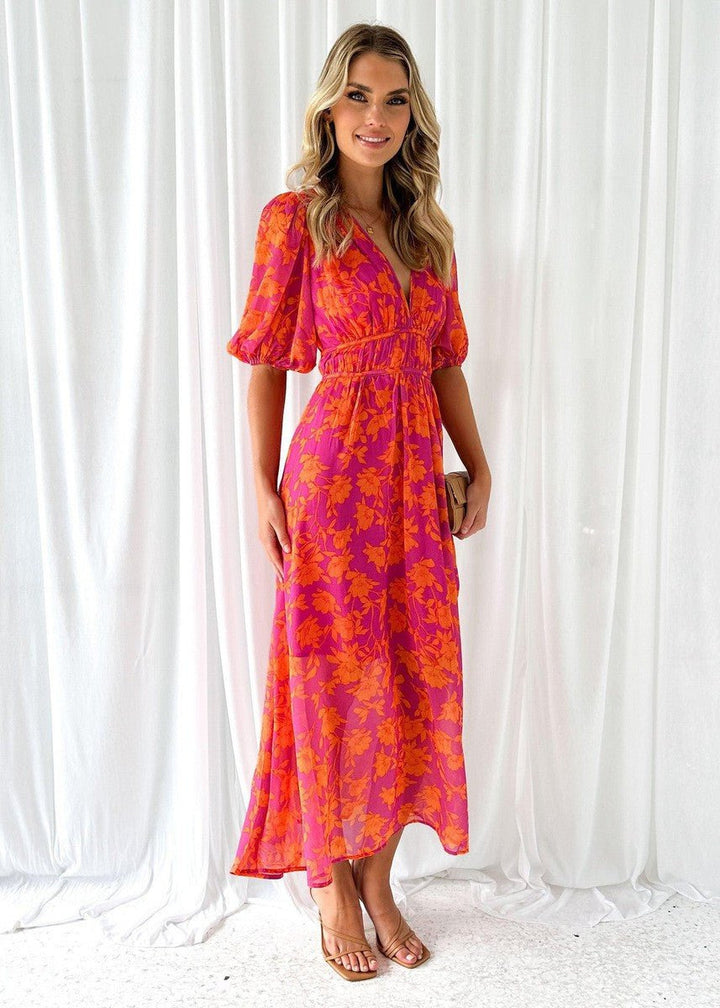 Puff Sleeve Dress | Floral Midi | V Neck | Tie Waist-Fashion Nora