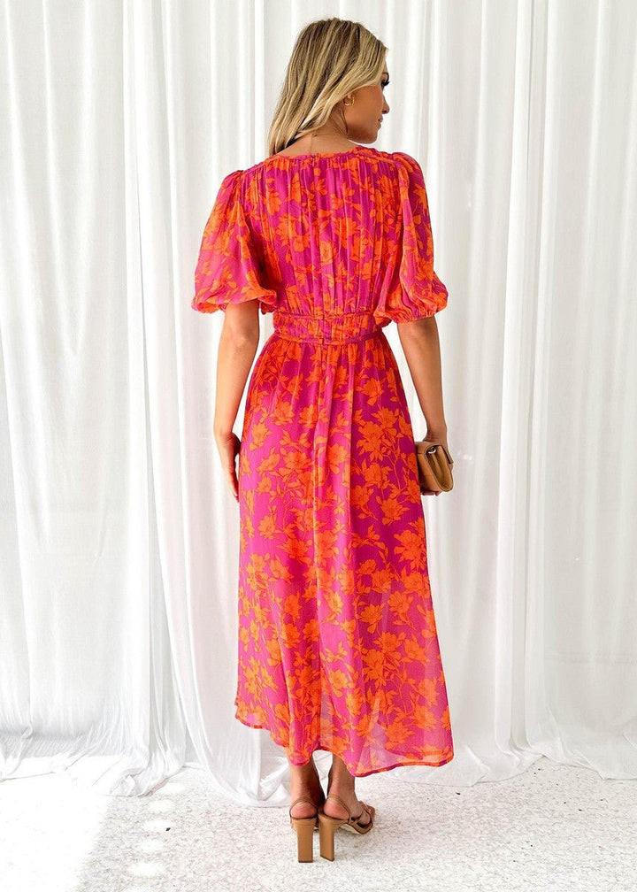 Puff Sleeve Dress | Floral Midi | V Neck | Tie Waist-Fashion Nora