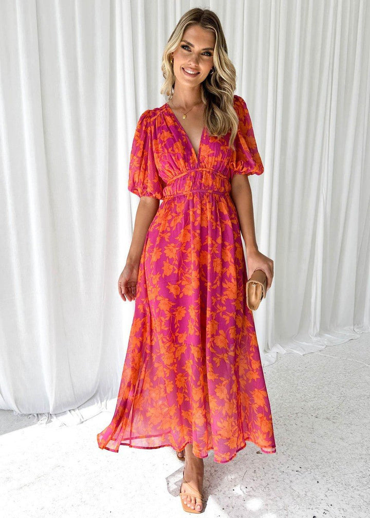Puff Sleeve Dress | Floral Midi | V Neck | Tie Waist-Fashion Nora