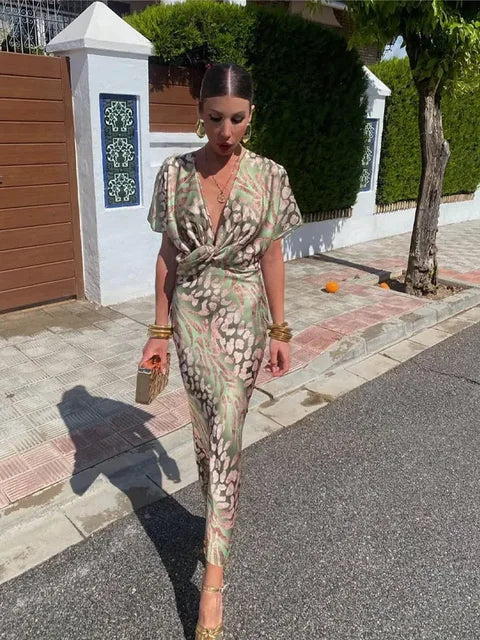 Satin Maxi Dress | Printed | V Neck | Short Sleeve-Fashion Nora