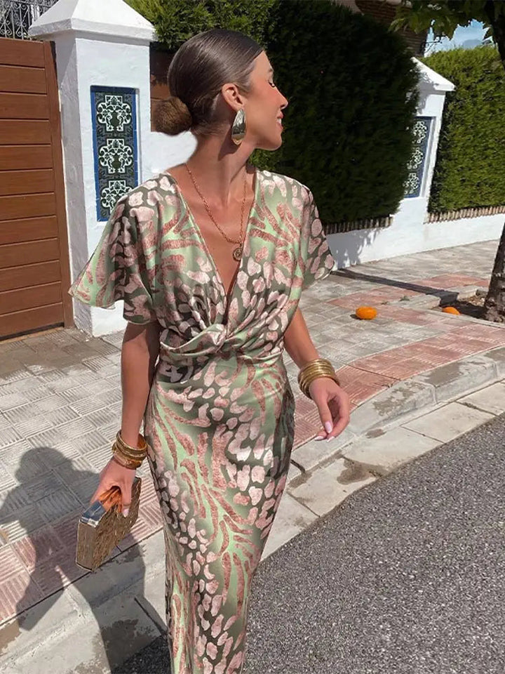 Satin Maxi Dress | Printed | V Neck | Short Sleeve-Fashion Nora