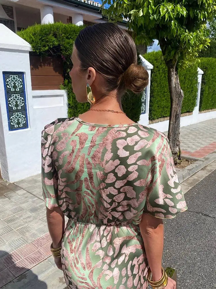 Satin Maxi Dress | Printed | V Neck | Short Sleeve-Fashion Nora