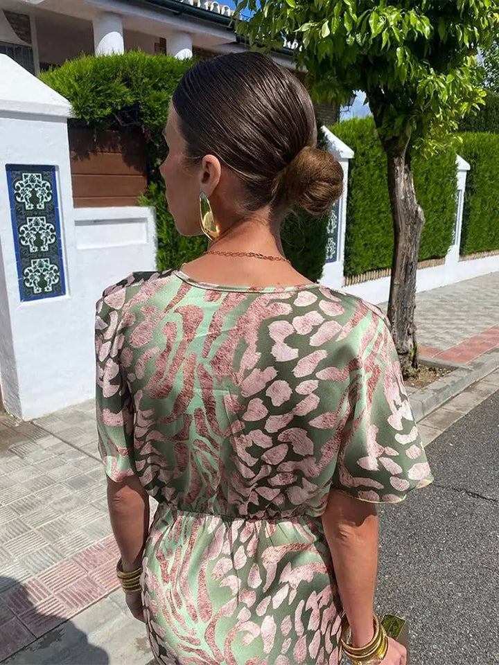 Satin Maxi Dress | Printed | V Neck | Short Sleeve-Fashion Nora