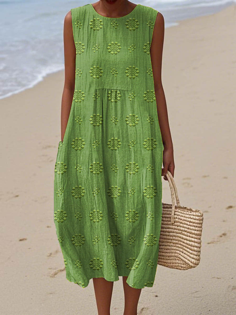 Summer Dress | Sleeveless Midi | Textured Cotton | Pockets-Fashion Nora