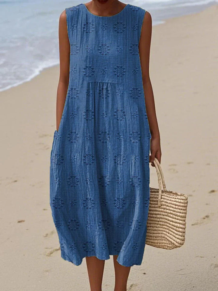 Summer Dress | Sleeveless Midi | Textured Cotton | Pockets-Fashion Nora