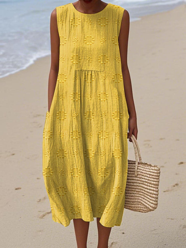 Summer Dress | Sleeveless Midi | Textured Cotton | Pockets-Fashion Nora