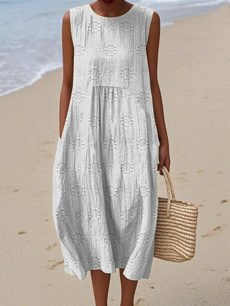 Summer Dress | Sleeveless Midi | Textured Cotton | Pockets-Fashion Nora