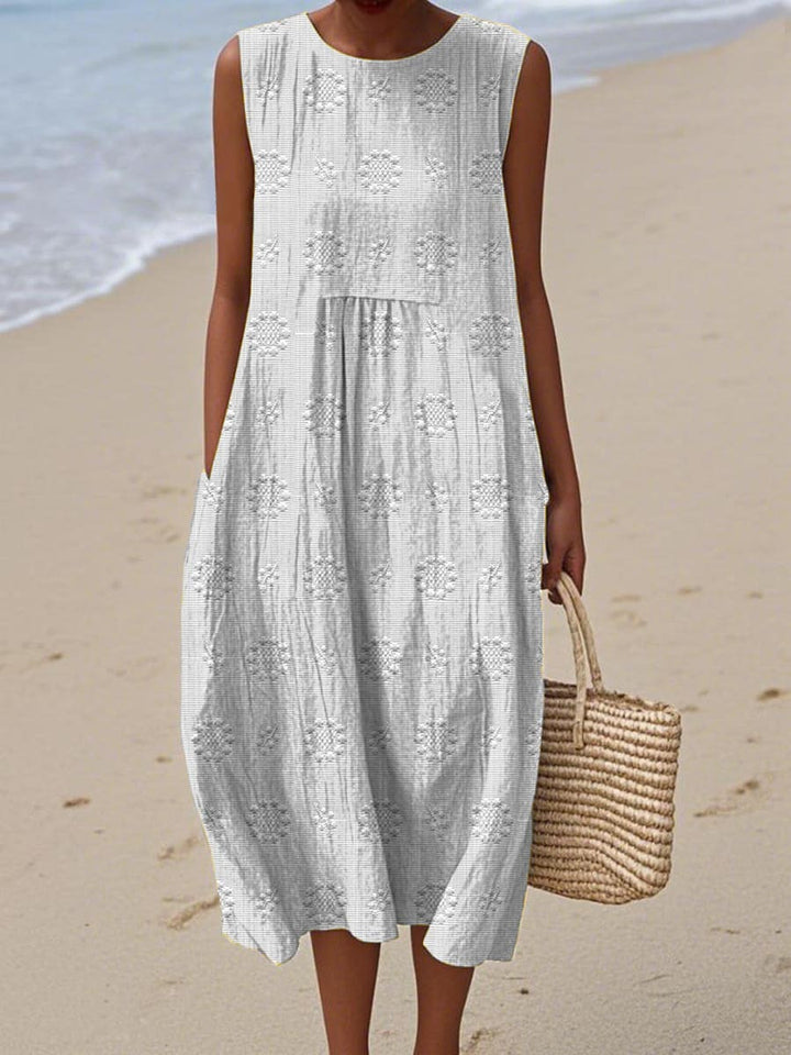 Summer Dress | Sleeveless Midi | Textured Cotton | Pockets-Fashion Nora