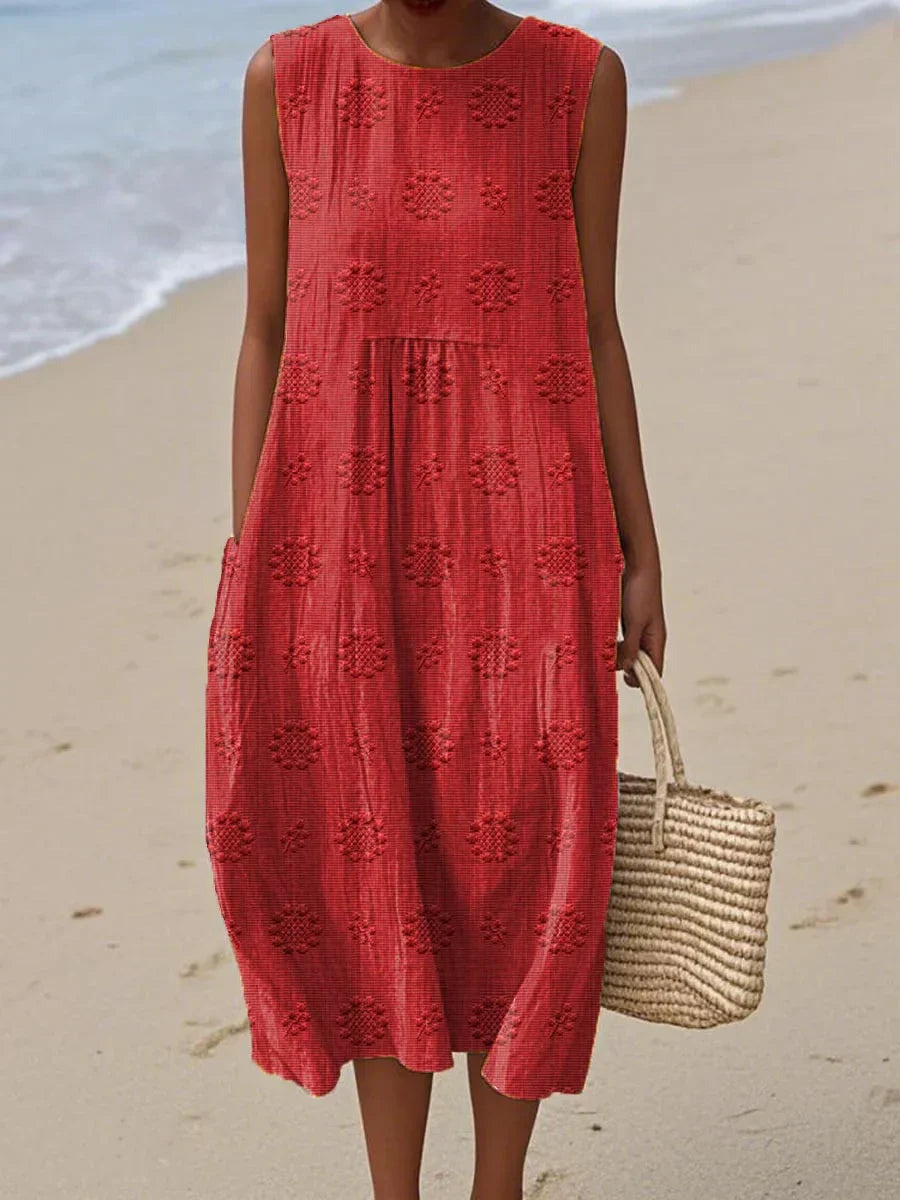 Summer Dress | Sleeveless Midi | Textured Cotton | Pockets-Fashion Nora
