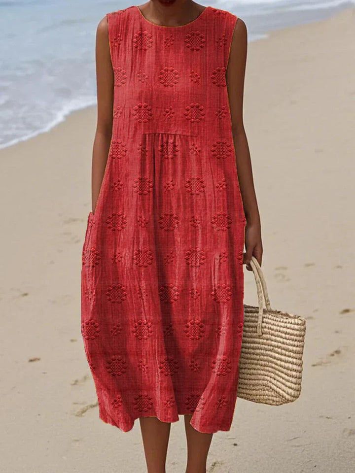 Summer Dress | Sleeveless Midi | Textured Cotton | Pockets-Fashion Nora