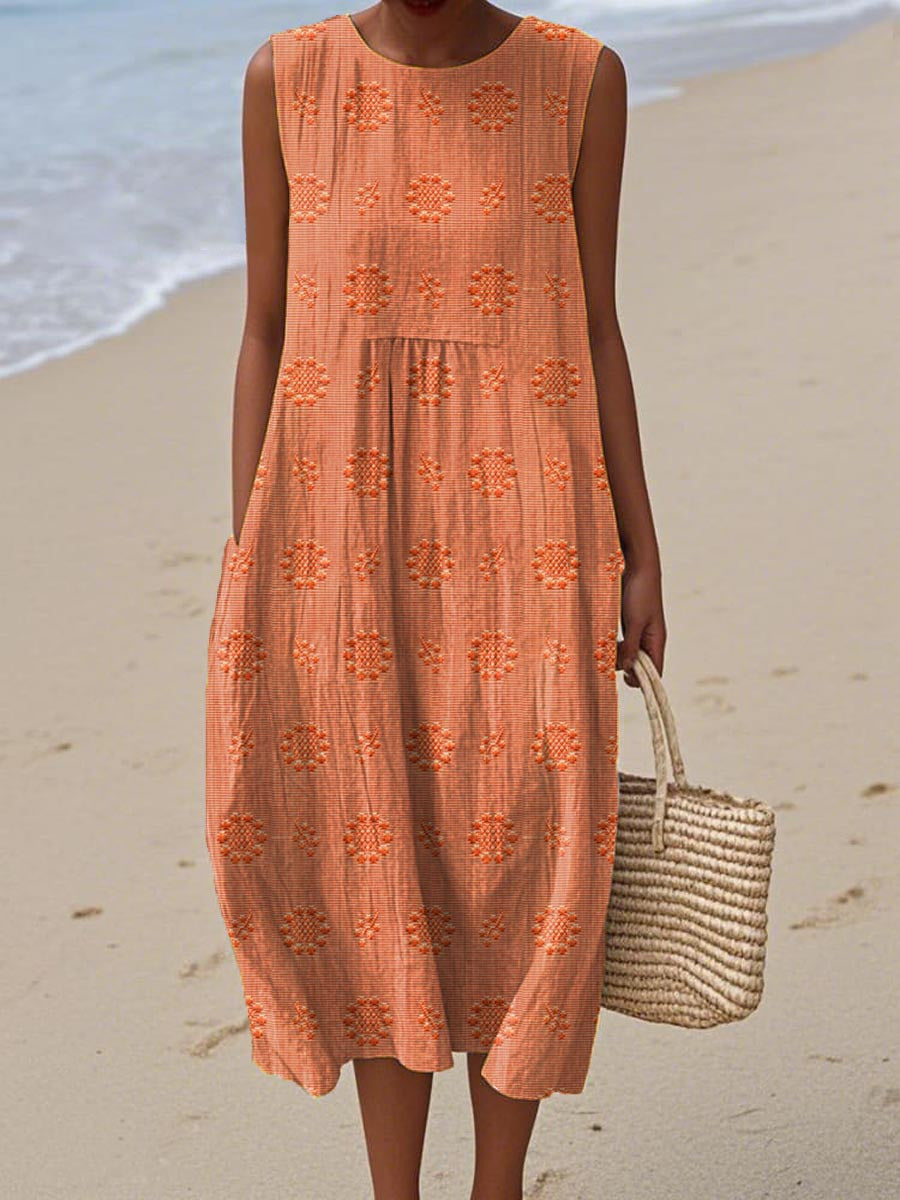 Summer Dress | Sleeveless Midi | Textured Cotton | Pockets-Fashion Nora