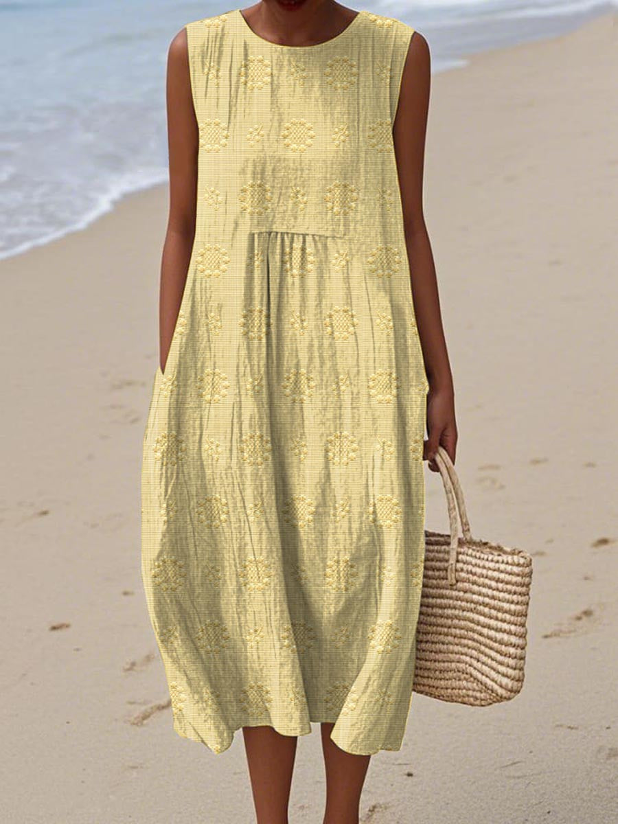 Summer Dress | Sleeveless Midi | Textured Cotton | Pockets-Fashion Nora