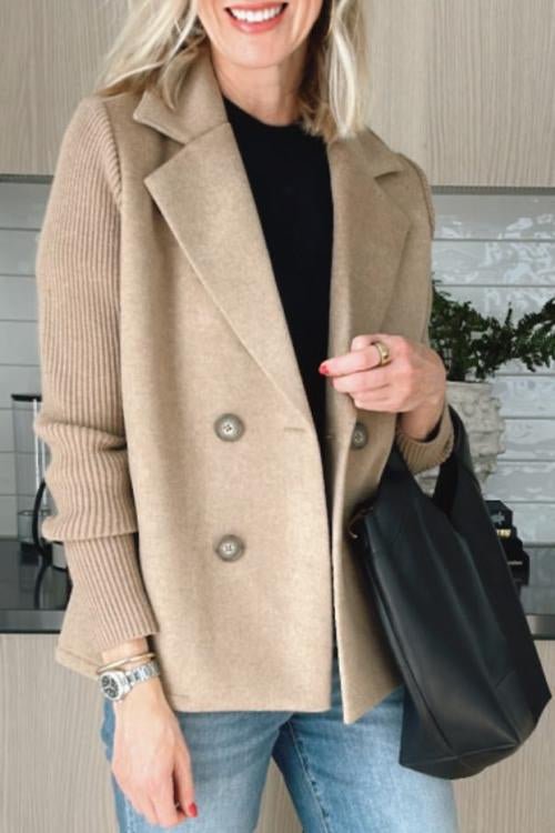 Women's khaki double breasted blazer with knit sleeves