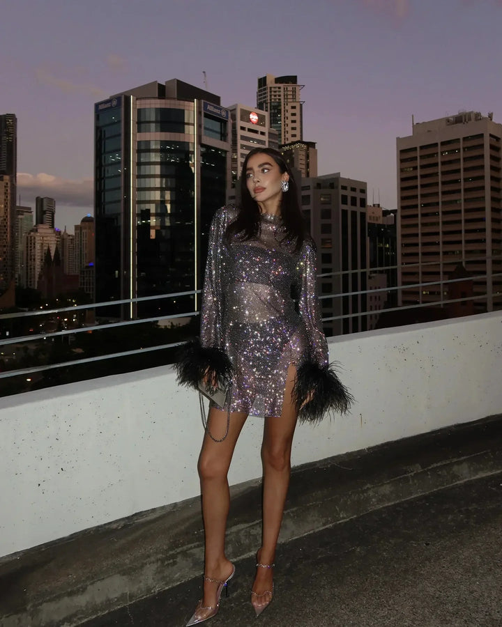 Women's black sparkly metallic mesh feather mini party dress full length