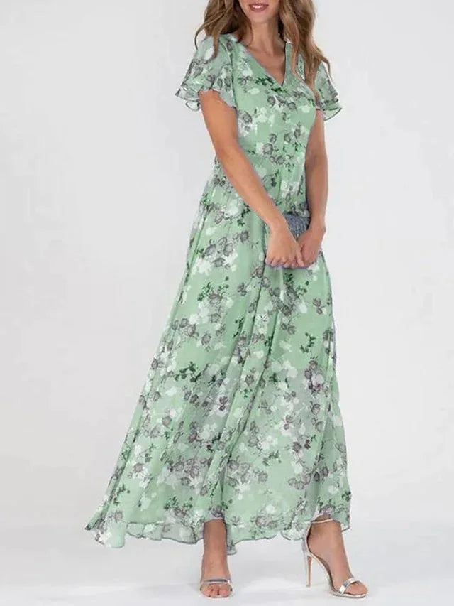 Women's green floral A-line chiffon maxi dress