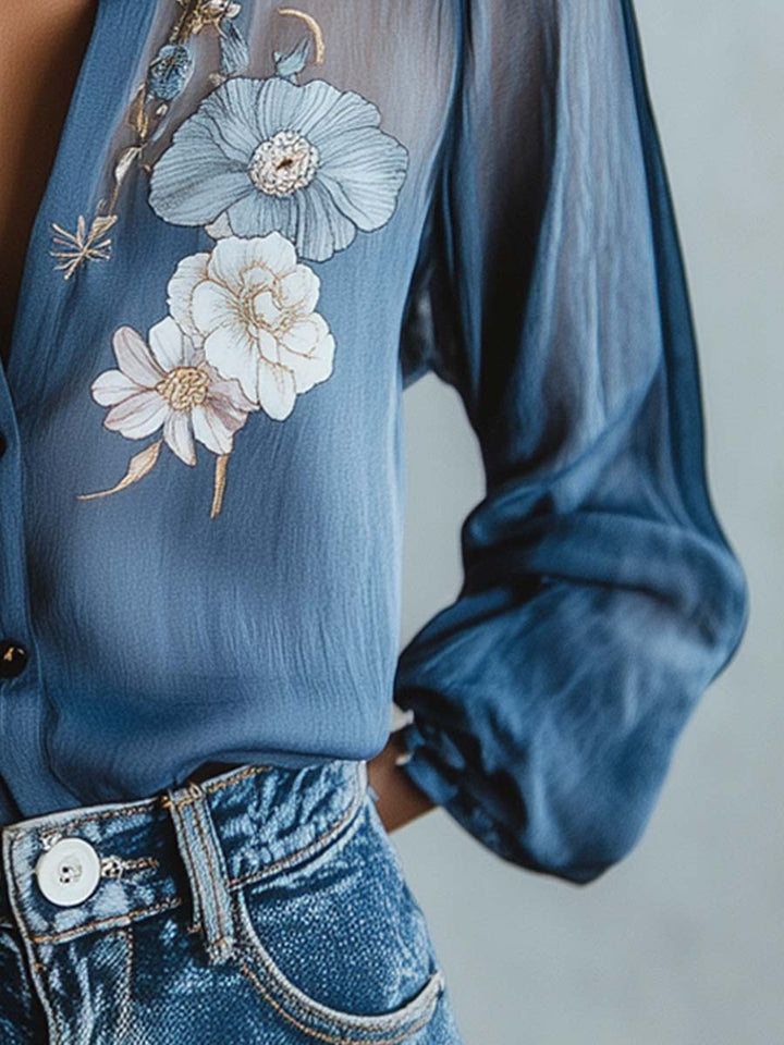 Women's blue floral print sheer button-up blouse