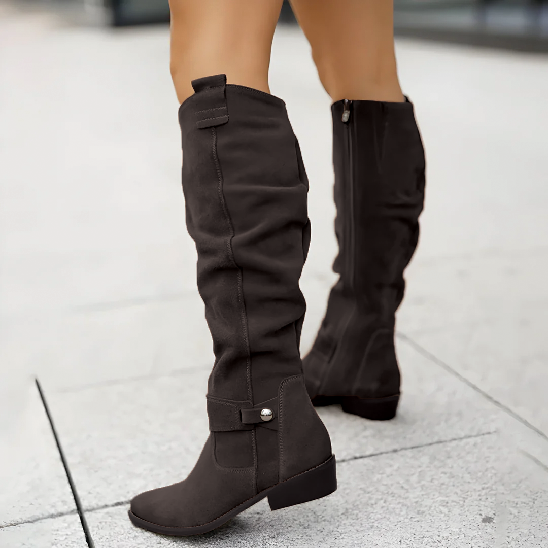 Women's black suede low heel knee high boots