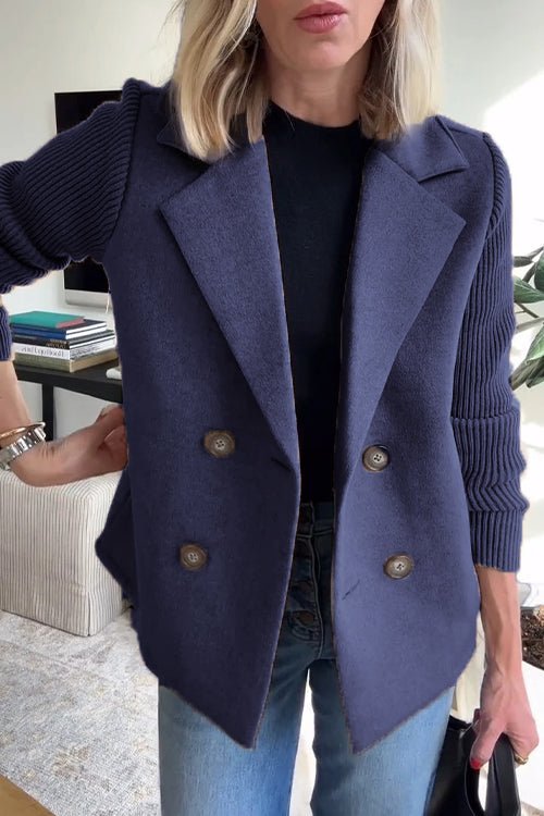Women's blue double breasted blazer with knit sleeves