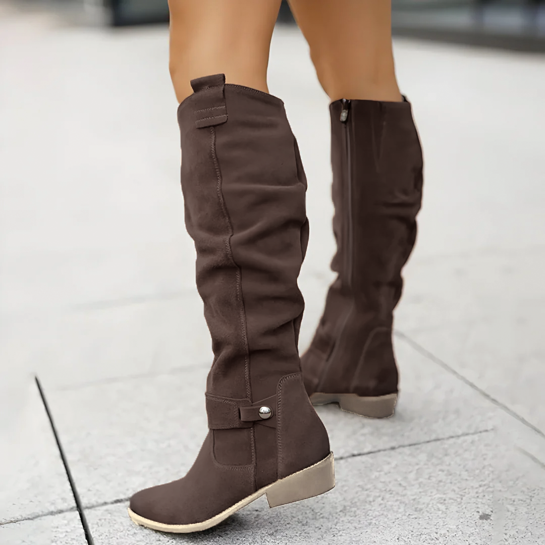 Women's coffee suede low heel knee high boots