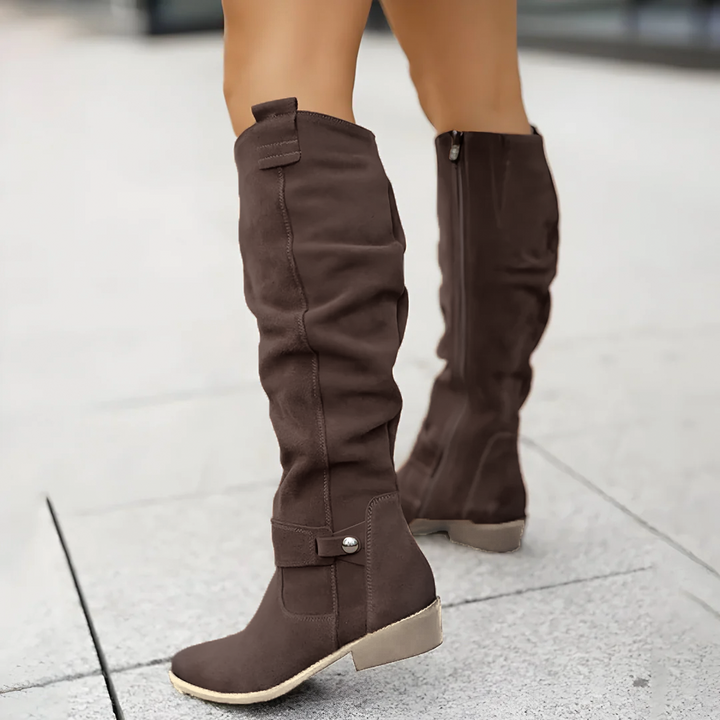 Women's coffee suede low heel knee high boots