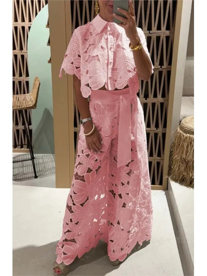 Women's pink floral cut-out lace palazzo two-piece set
