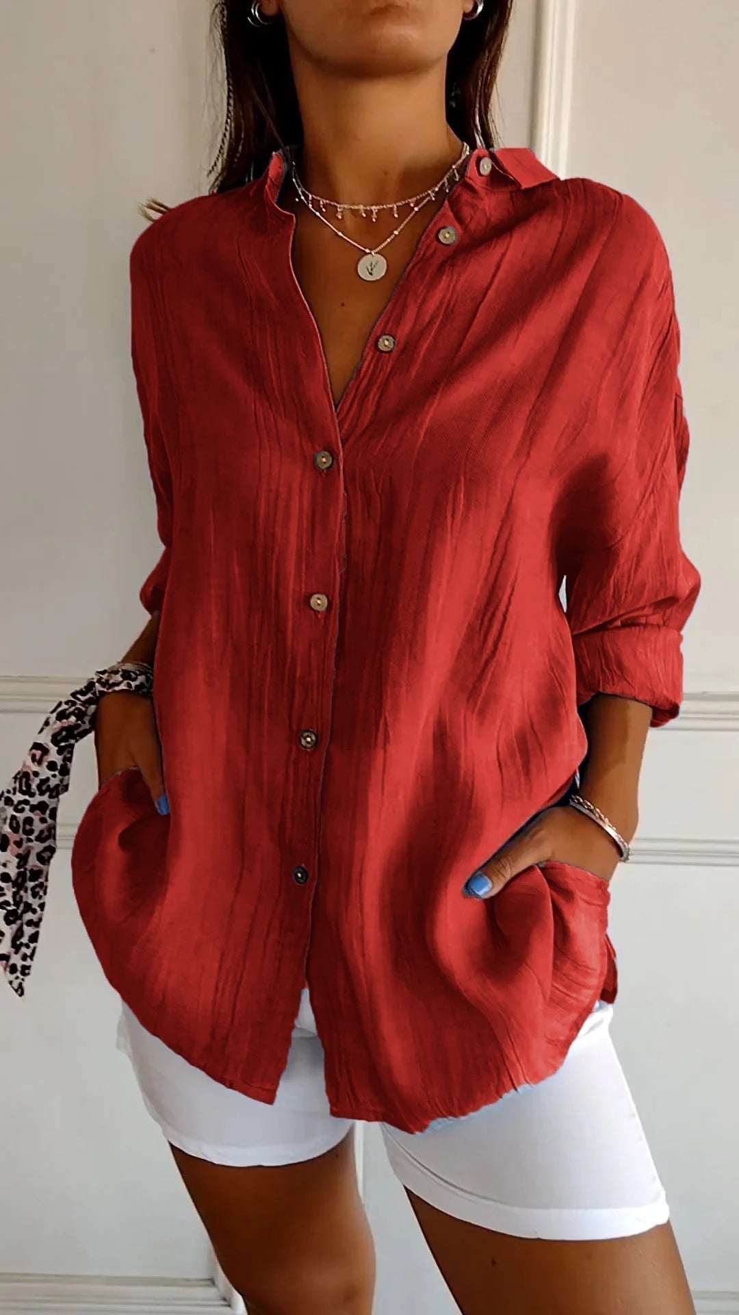 Women's red loose fit lightweight long sleeve button-up blouse