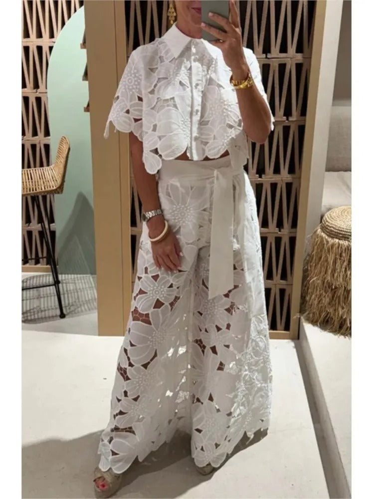 Women's white floral cut-out lace palazzo two-piece set