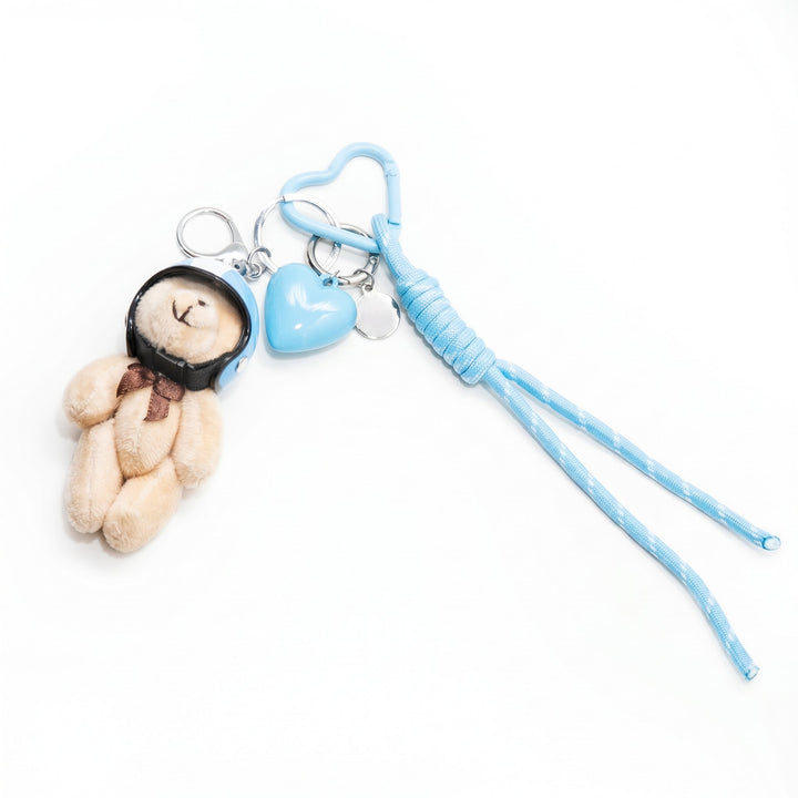 Blue pilot teddy bear bag charm with helmet, cord and heart