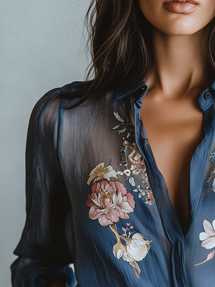 Women's blue floral print sheer button-up blouse detail