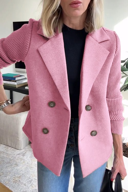 Women's pink double breasted blazer with knit sleeves