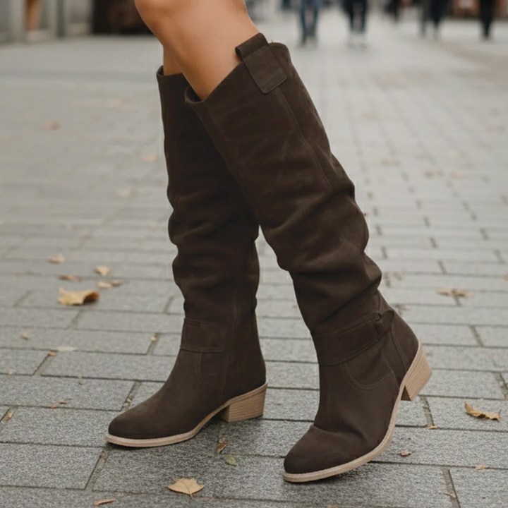 Women's coffee suede low heel knee high boots