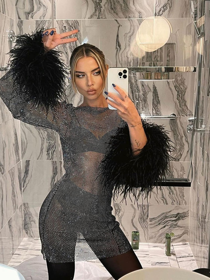 Women's black sparkly metallic mesh feather mini party dress
