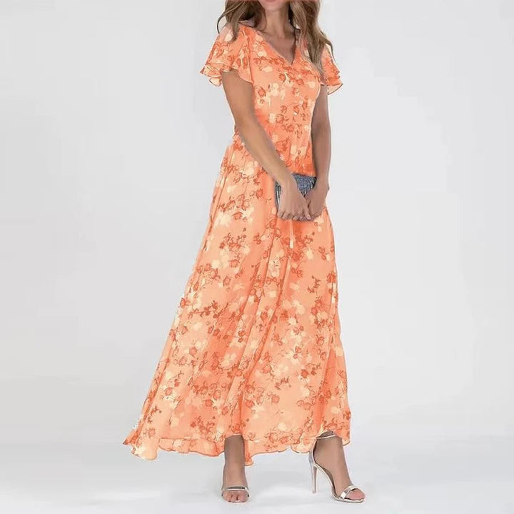 Women's orange floral A-line chiffon maxi dress
