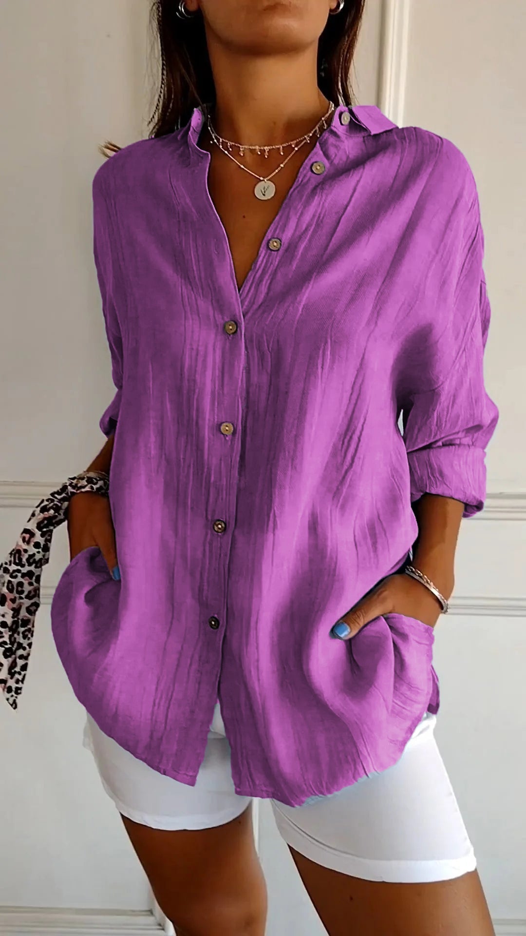 Women's purple loose fit lightweight long sleeve button-up blouse